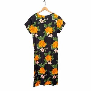 Whit Floral Back Button Maxi Dress Short Sleeve Linen Blend Size Small